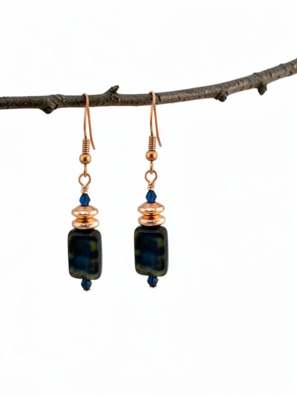 Moss Green Copper Earrings Blue Green Czech Glass Rustic Boho Handmade 2